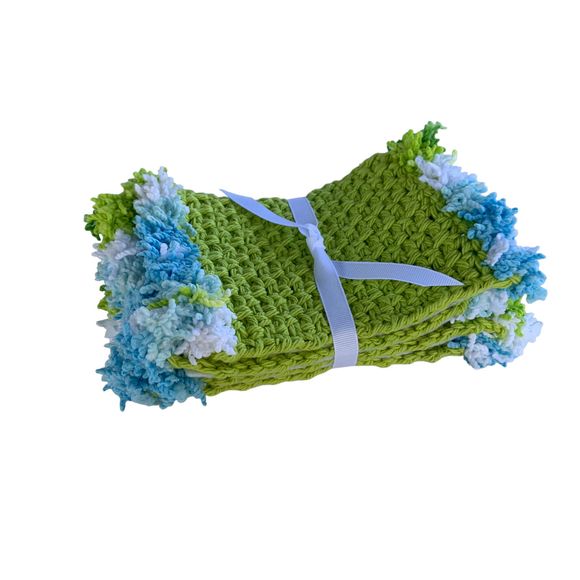 Mug Rugs Handmade Crochet Green Blue White Cotton Fringe Set of 4 Coasters - Picture 8 of 10